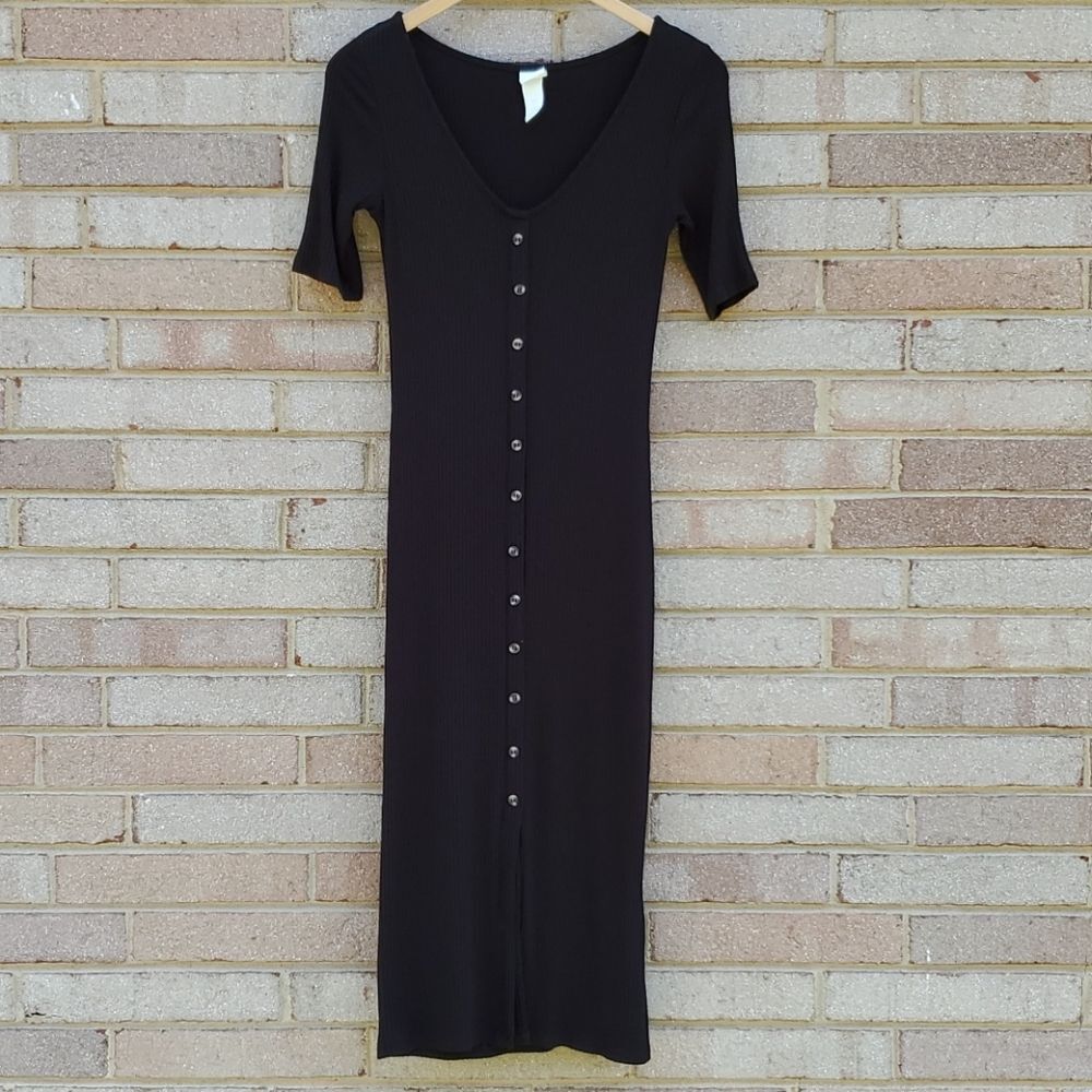 H&M Ribbed Maxi Black Dress Button Front Detail XS